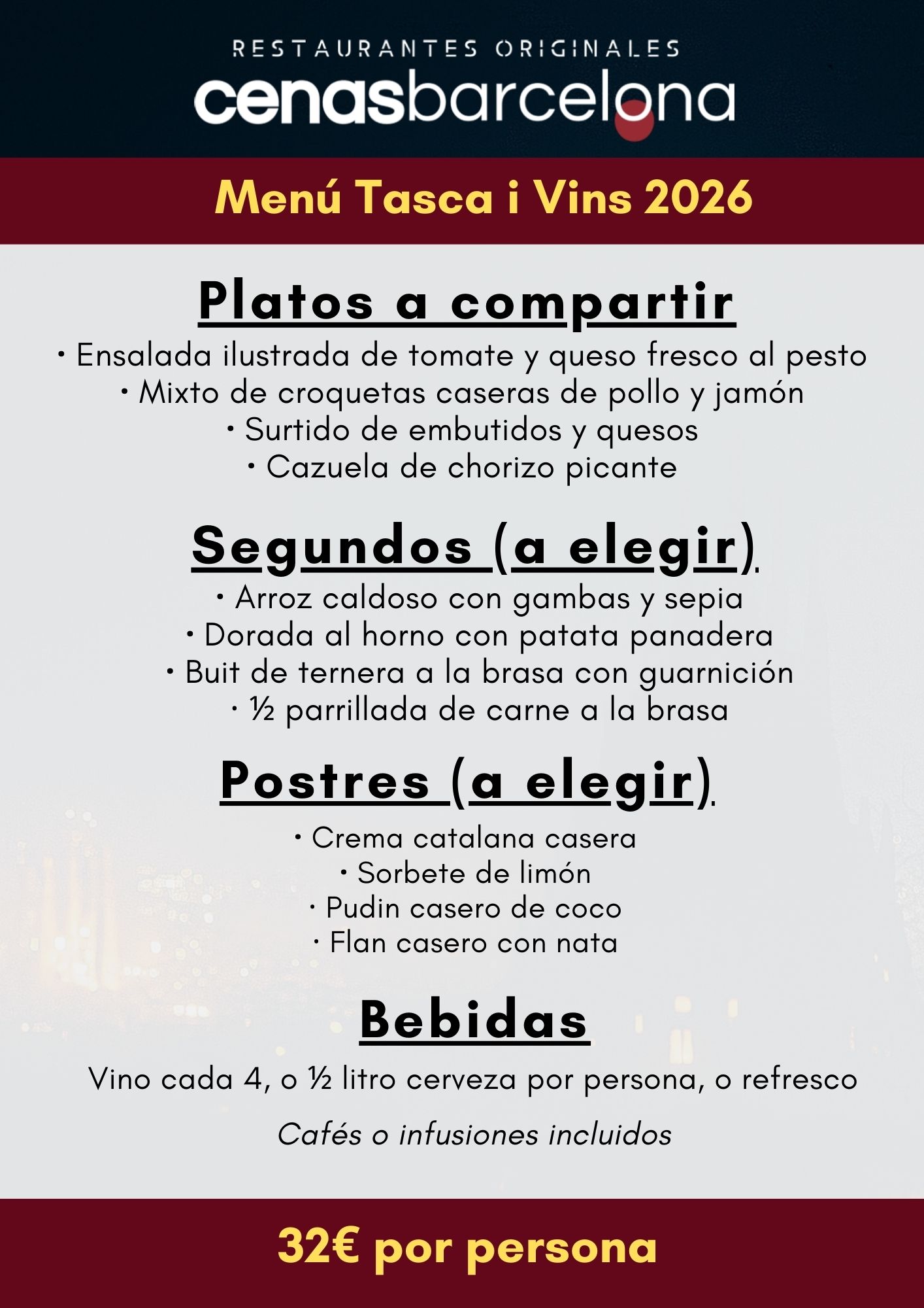 Menu Tasca i Vins 2026 | Cenas Barcelona | Restaurantes Originales