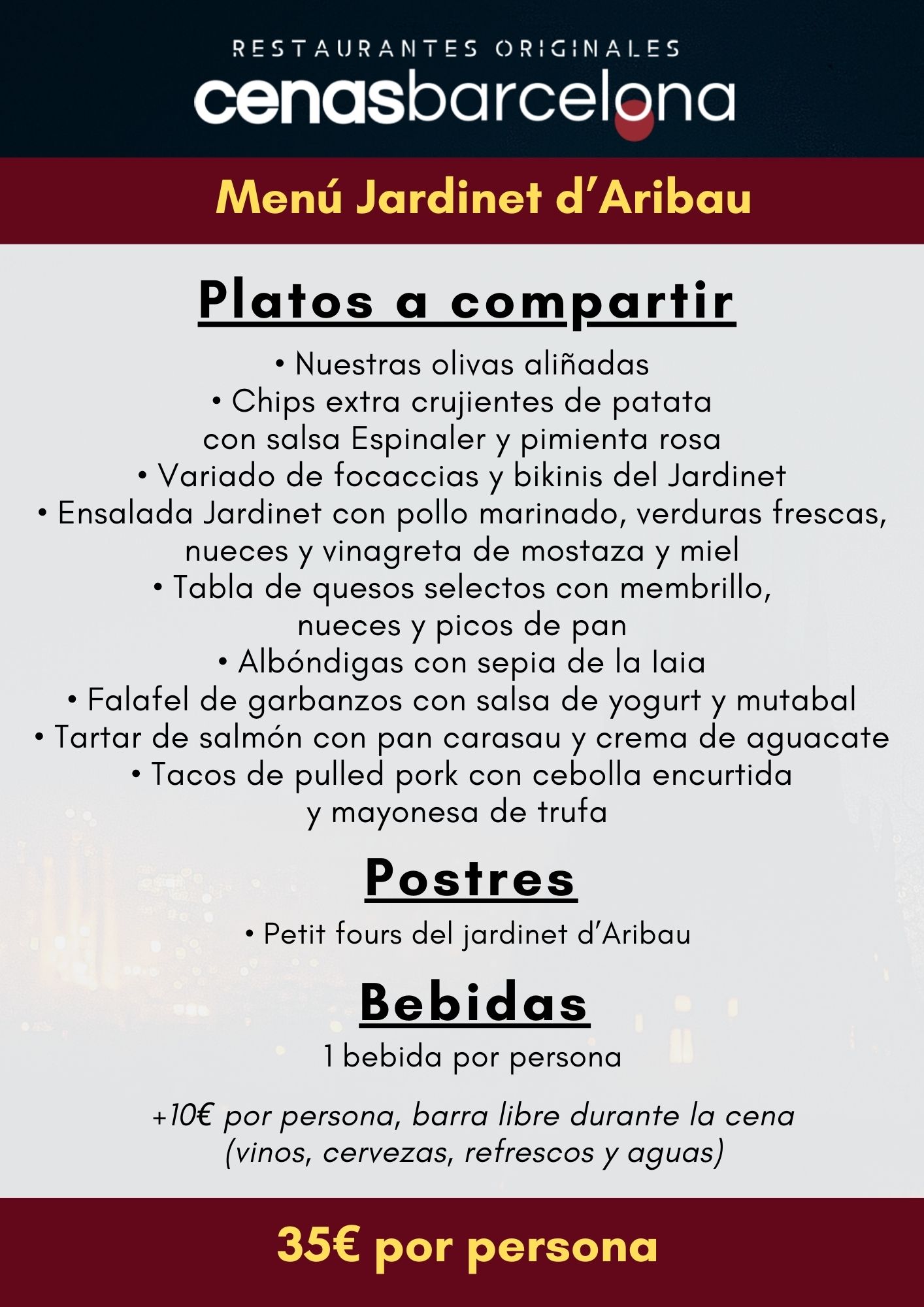 Menu Jardinet Aribau 2026 | Restaurantes Originales | Cenas Barcelona