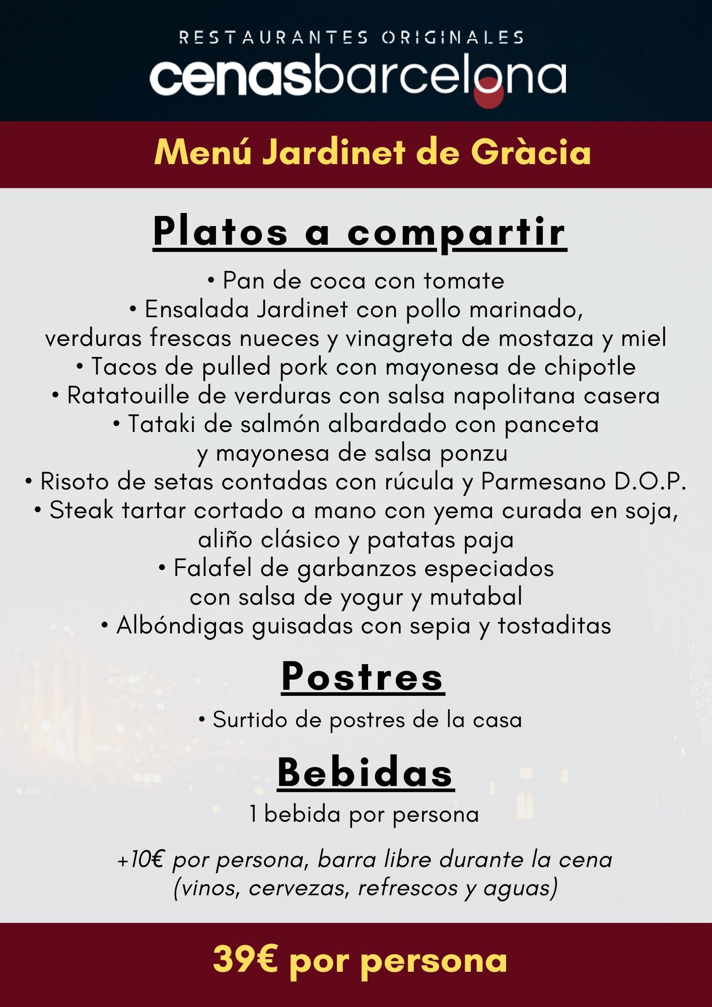 Menu Jardinet Gracia 2026 | Restaurantes Originales | Cenas Barcelona