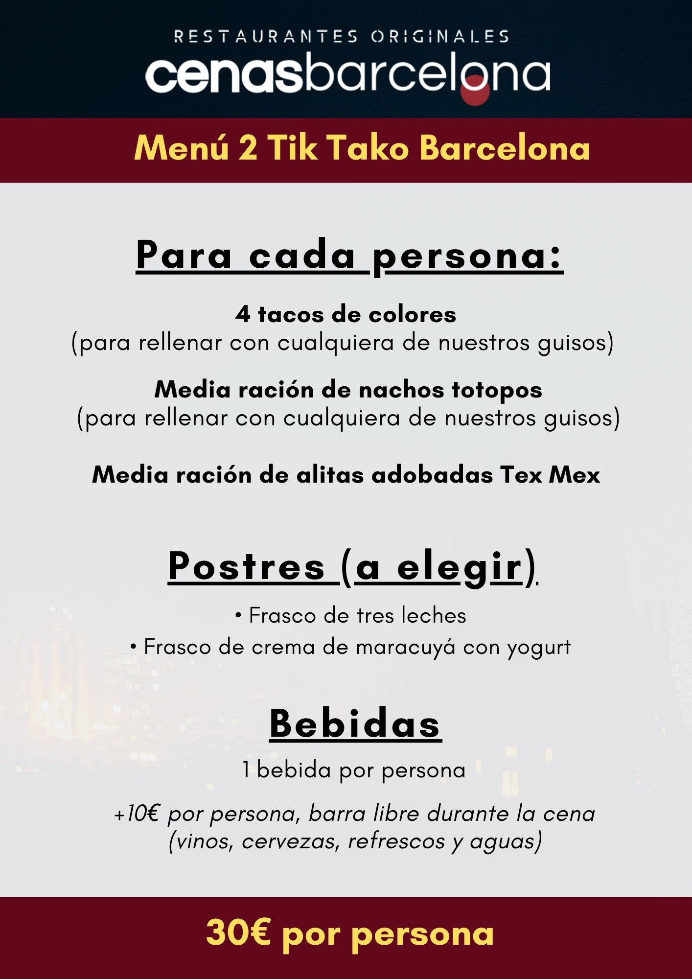 Menu Tik Tako 2026 | Cenas Barcelona | Restaurantes Originales