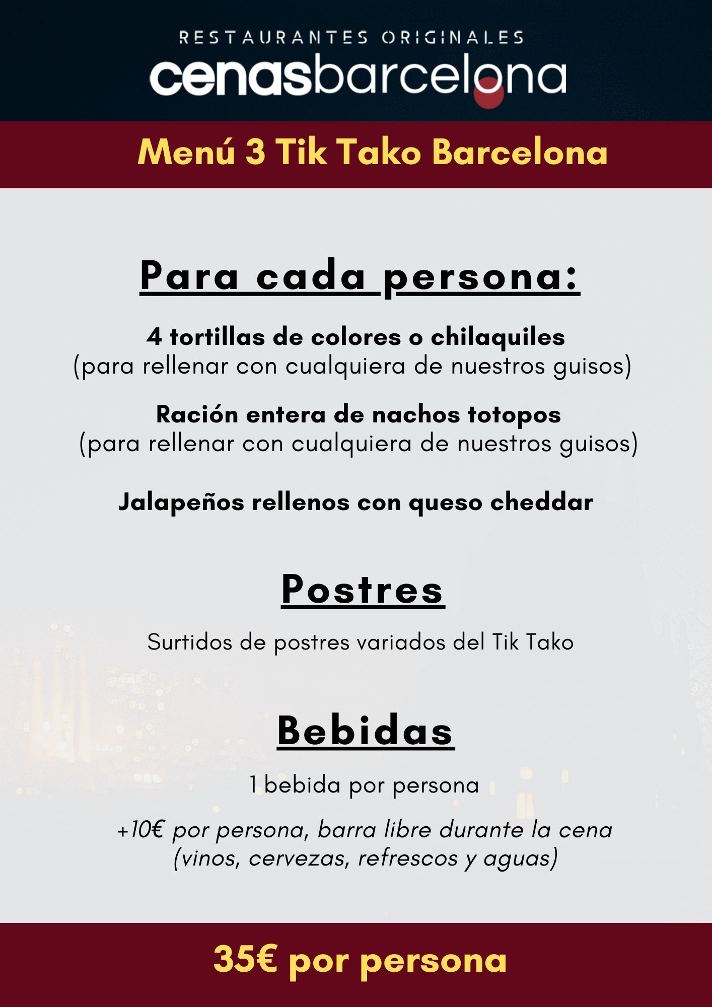 Menu Tik Tako 2026 | Cenas Barcelona | Restaurantes Originales