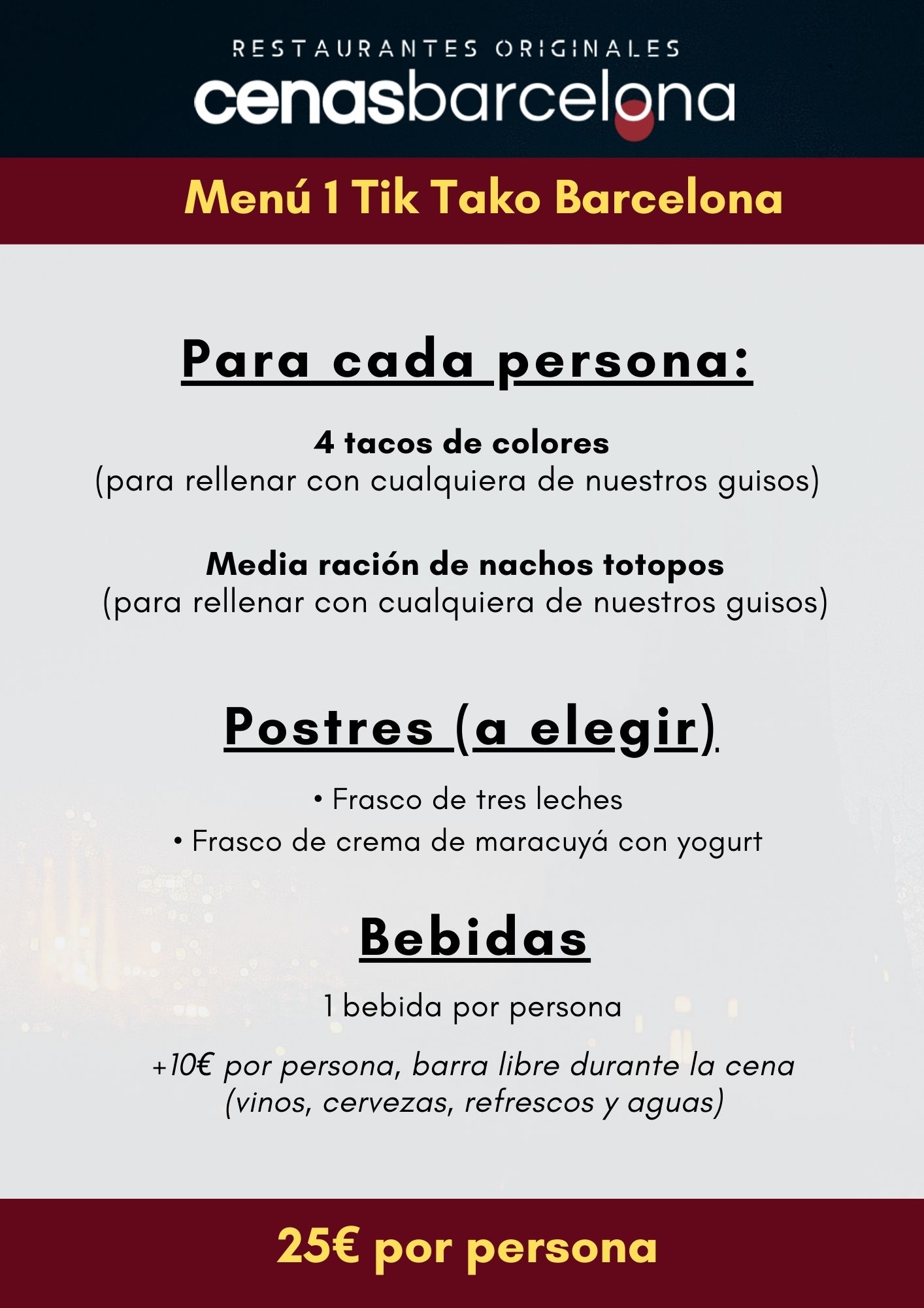 Menu Tik Tako 2026 | Cenas Barcelona | Restaurantes Originales
