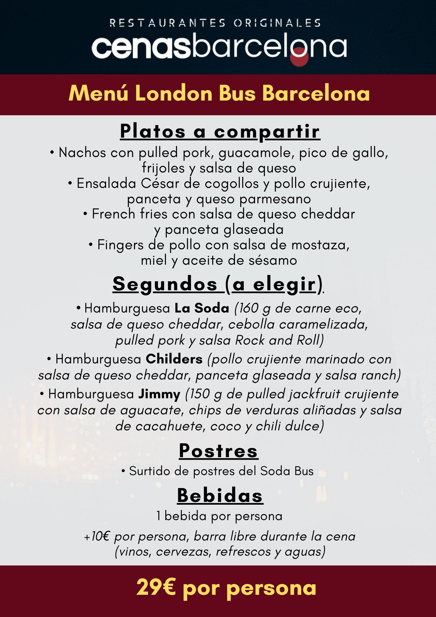 Menú London Bus Barcelona | Restaurantes Originales | Cenas Barcelona